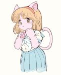  1girl animal_ears azuma_hideo blonde_hair blue_skirt cat_ears cat_tail cowboy_shot hairband highres nanako_(nanako_sos) nanako_sos neckerchief nka_46 pleated_skirt school_uniform serafuku short_hair simple_background skirt solo striped_background tail 