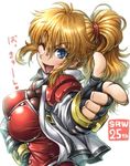  ;d amania_orz anniversary blonde_hair blue_eyes breasts copyright_name excellen_browning fingerless_gloves gloves hair_ornament heart jacket large_breasts long_hair long_sleeves looking_at_viewer one_eye_closed open_mouth pointing ponytail simple_background smile solo super_robot_wars translation_request upper_body white_background 