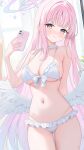  1girl absurdres angel_wings arm_behind_back bare_arms bare_shoulders bikini blue_archive blush breasts cellphone cleavage closed_mouth collarbone frilled_bikini frilled_bikini_bottom frilled_bikini_top frills halo highres holding holding_phone large_breasts long_hair low_wings mika_(blue_archive) mika_(swimsuit)_(blue_archive) navel phone pink_hair pink_halo selfie smartphone solo stomach swimsuit very_long_hair wings yellow_eyes zhuan_yan_ruyan 