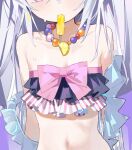  1girl armpit_crease azusa_(blue_archive) azusa_(swimsuit)_(blue_archive) bare_shoulders bead_necklace beads bikini blue_archive bow bow_bikini breasts commentary dot_nose eating eyes_out_of_frame food food_in_mouth frilled_bikini_top front-tie_bikini_top front-tie_top grey_hair head_out_of_frame jewelry long_hair measho navel necklace official_alternate_costume pink_bow popsicle popsicle_in_mouth small_breasts solo stomach strapless strapless_bikini swimsuit symbol-only_commentary wet 