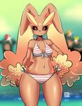  animal_ears bikini breasts bunny_ears cleavage dark_skin furry gen_4_pokemon kenron_toqueen lopunny medium_breasts navel pokemon pokemon_(creature) smile solo_focus stomach swimsuit 