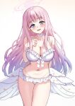  1girl angel_wings bare_arms bare_shoulders bikini blue_archive blush breasts cleavage collarbone feathered_wings frilled_bikini frilled_bikini_bottom frilled_bikini_top frills halo hand_on_own_chest highres large_breasts long_hair looking_at_viewer low_wings mika_(blue_archive) mika_(swimsuit)_(blue_archive) navel nishiwaki_rui_(gfew5483) official_alternate_costume official_alternate_hairstyle open_mouth pink_hair pink_halo purple_eyes simple_background smile solo stomach swimsuit very_long_hair white_background white_bikini wings 