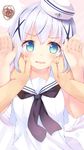  1girl blue_eyes blue_hair blush cheek_pull gochuumon_wa_usagi_desu_ka? hair_ornament hands_on_another's_cheeks hands_on_another's_face hat head_tilt hetero kafuu_chino komone_ushio looking_at_viewer neckerchief open_mouth out_of_frame pov pov_hands sailor_collar sailor_hat shirt solo_focus spoken_squiggle squiggle upper_body wavy_mouth white_shirt x_hair_ornament 