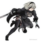  bad_id bad_pixiv_id bangs black_dress black_footwear black_gloves blindfold blurry boots breasts cleavage cleavage_cutout closed_mouth copyright_name covered_eyes depth_of_field dress eyepatch full_body gloves hair_over_eyes holding holding_sword holding_weapon large_breasts mole mole_under_mouth nier_(series) nier_automata puffy_sleeves running see-through side_slit simple_background solo sword thigh_boots thighhighs uni_(gugurutan) weapon white_background yorha_no._2_type_b 