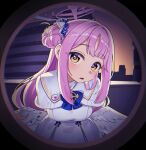  1girl blue_archive blush capelet commentary_request daran9 dress feathered_wings fisheye from_inside hair_bun halo highres leaning_forward looking_at_viewer low_wings mika_(blue_archive) monitoring_(vocaloid) open_mouth peephole pink_hair pink_halo pov_peephole single_hair_bun single_side_bun solo white_capelet white_dress white_wings wing_ornament wings yellow_eyes 