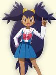  big_hair bishoujo_senshi_sailor_moon brown_eyes chibi_usa chibi_usa_(cosplay) contrapposto cosplay dark_skin highres index_finger_raised iris_(pokemon) long_hair meiji open_mouth pokemon pokemon_(game) pokemon_bw purple_hair sailor_collar school_uniform serafuku smile solo standing very_long_hair white_sailor_collar 