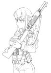  1girl absurdres desert_(deserteagle0321) greyscale gun highres holding holding_gun holding_weapon long_hair magazine_(weapon) monochrome original pump_action shotgun solo spas-12 weapon white_background 