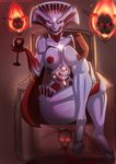  2016 anthro areola big_breasts black_sclera blood breasts chair crossed_legs demon doom doomthewolf english_text female fire glass group hi_res horn looking_at_viewer messy nipples pink_nipples red_eyes sharp_teeth sitting skull solo_focus star summoner_(doom) teeth text throne video_games 