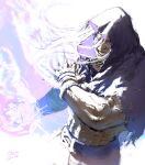  1boy abs belt belt_buckle black_belt black_cloak buckle cloak cowboy_shot fingerless_gloves floating_hair gloves gomoku_0318 grin highres hood hood_up hooded_cloak long_hair m._bison male_focus pants psycho_power signature smile solo street_fighter street_fighter_6 teeth topless_male torn_clothes veins veiny_arms white_background white_eyes white_hair 