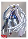  :&gt; armor bodysuit cloak gun gundam gundam_wing head_wings highres mecha_musume personification rifle smile taiga_hiroyuki weapon wing_gundam_zero_custom wings 