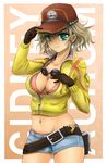  baseball_cap belt bikini blonde_hair bra breasts cidney_aurum cropped_jacket denim denim_shorts final_fantasy final_fantasy_xv gloves goggles goggles_around_neck green_eyes hat hips hotpants jacket kiteh4ck short_hair shorts simple_background smile solo swimsuit unzipped 