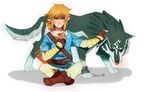  apple blonde_hair blue_eyes closed_eyes dual_persona eating food fruit indian_style kaurro link link_(wolf) nintendo pointy_ears ponytail short_ponytail sitting the_legend_of_zelda the_legend_of_zelda:_breath_of_the_wild the_legend_of_zelda:_twilight_princess wolf 