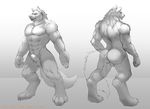  2016 abs absurd_res animal_genitalia anthro backsack balls biceps big_muscles butt canine digitigrade fully_sheathed greyscale hi_res mammal model_sheet monochrome multiple_angles muscular nude pecs sheath smile solo standing wolf xuan_sirius 