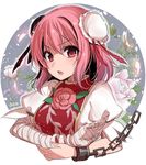  asa_(coco) bandaged_arm bandages bun_cover chain chinese_clothes cuffs double_bun fighting_stance flower hair_between_eyes ibaraki_kasen open_mouth pink_eyes pink_flower pink_hair pink_rose puffy_short_sleeves puffy_sleeves rose shackles short_hair short_sleeves solo tabard touhou upper_body 