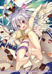  :d arm_up armpits barefoot blush box breasts chocolate company_name copyright_name detached_sleeves dress earrings english feet full_body halo highres holding holding_box jewelry leg_ribbon long_hair looking_at_viewer mushroom nekoboshi_sakko open_mouth purple_eyes purple_ribbon ribbon silver_hair sleeves_past_wrists small_breasts smile solo sparkle very_long_hair watermark white_dress white_wings wings z/x 