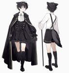 1boy animal_ears antenna_hair ascot black_boots black_cape black_gloves black_hair black_shorts black_socks boots brooch cane cape commission criss-cross_suspenders crossed_bangs expressionless facing_away facing_viewer full_body gloves grey_eyes hair_between_eyes hashtag-only_commentary highres jacket jewelry kneehighs long_sleeves male_focus original shirt short_hair shorts simple_background skeb_commission socks solo suspenders tail takaya_riku white_ascot white_background white_shirt 