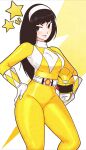  1girl absurdres belt black_eyes black_hair blunt_bangs blush bodysuit breasts closed_mouth commentary english_commentary gloves hairband hand_on_own_hip helmet highres holding holding_unworn_helmet jeff_miga long_hair looking_at_viewer looking_to_the_side mask medium_breasts mighty_morphin_power_rangers mighty_morphin_yellow_ranger multicolored_bodysuit power_rangers skin_tight smile solo standing star_(symbol) thick_thighs thighs tiger_ranger trini_kwan unworn_headwear unworn_helmet unworn_mask white_gloves white_hairband yellow_bodysuit 