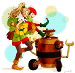  1boy 1girl beret black_hair blonde_hair boots brown_boots brown_eyes brown_gloves brown_pantyhose capelet carrying commentary_request dated gadget_(suikoden) gensou_suikoden gensou_suikoden_i gensou_suikoden_ii gloves green_boots green_gloves green_shirt green_shorts hat high_ponytail joints juppo_(suikoden) long_hair looking_at_another meg_(suikoden) non-humanoid_robot open_mouth pantyhose pleated_skirt pointy_shoes pom_pom_(clothes) ponytail princess_carry red_capelet red_hat red_thighhighs red_trim robot robot_joints sakai_yume shirt short_hair shorts signature skirt sleeveless sleeveless_shirt smile standing standing_on_one_leg thighhighs turtleneck turtleneck_shirt uncle_and_niece white_capelet yellow_skirt 