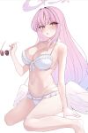  1girl absurdres asaikeu bare_arms bare_legs bare_shoulders bikini blue_archive blush breasts cleavage collarbone frilled_bikini frilled_bikini_bottom frilled_bikini_top frills halo highres holding holding_removed_eyewear large_breasts long_hair mika_(blue_archive) mika_(swimsuit)_(blue_archive) navel official_alternate_costume official_alternate_hairstyle open_mouth pink_halo shirt simple_background sitting solo stomach sunglasses swimsuit unworn_eyewear very_long_hair wariza white_background white_shirt 