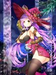  bad_id bad_pixiv_id black_legwear breasts cleavage dress finger_to_mouth gambe hat index_finger_raised jewelry large_breasts long_hair looking_at_viewer original purple_hair red_hat smile solo thighhighs water witch_hat yellow_eyes 