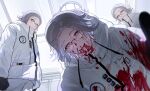  3boys absurdres aotsuki_eito black_gloves blood blood_from_mouth blood_on_clothes blood_on_face blurry blurry_foreground breast_pocket chinese_commentary clone covered_mouth drawstring from_below glasses gloves grey_hair highres hongchen_cheyue indoors jacket looking_at_viewer male_focus multiple_boys pants pocket purple_eyes short_hair smile squinting the_hundred_line_-last_defense_academy- white_jacket white_pants 