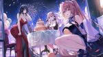  3girls absurdres anchorage_(azur_lane) azur_lane balloon birthday_cake black_dress black_hair breasts brown_hair cake cleavage dress eating fireworks food formidable_(azur_lane) grey_hair highres large_breasts long_hair manjuu_(azur_lane) multiple_girls night night_sky purple_eyes red_dress red_eyes sitting sky smile squatting table taihou_(azur_lane) taihou_(forbidden_fruit)_(azur_lane) twintails 
