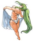  ass barefoot bikini breasts full_body green_hair head_tilt high_ponytail highres holding large_breasts long_hair looking_back original perky_breasts ponytail sachito side-tie_bikini simple_background solo sumi-chan_(sachito) swimsuit thick_thighs thighs towel very_long_hair white_background white_bikini yellow_eyes 