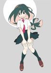  :&gt; asui_tsuyu black_eyes black_hair black_legwear black_skirt boku_no_hero_academia bow_by_hair brown_footwear commentary_request dress_shirt eyelashes from_above full_body grey_background hair_ribbon hair_rings hands_on_own_knees loafers long_hair low-tied_long_hair lying mooh necktie on_back pleated_skirt red_neckwear ribbon school_uniform shirt shoes short_sleeves simple_background skirt solo u.a._school_uniform white_shirt wing_collar 