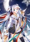  1girl 1other absurdres bell black_skirt black_thighhighs blue_eyes blush breasts cae_yuki chihaya_(clothing) crescent_moon hatsune_miku highres holding holding_bell japanese_clothes jingle_bell kagura_suzu long_hair long_sleeves miko moon musical_note musical_note_print musical_staff musical_staff_print official_alternate_costume official_alternate_hairstyle open_mouth pleated_skirt rabbit rabbit_yukine ribbon skirt small_breasts smile snow snowflake_print snowflakes striped_clothes striped_thighhighs thighhighs twintails very_long_hair vocaloid white_hair wide_sleeves yuki_miku yuki_miku_(2018) 