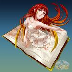  book book_focus cthulhu_mythos long_hair multicolored_hair musora necronomicon original personification red_eyes red_hair solo tattoo 