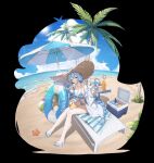  1girl ;d anila_(counter:side) beach beach_chair beach_umbrella bikini blue_bikini blue_eyes blue_hair blue_innertube blue_sky bottle braid breasts chair character_name cleavage cloud collarbone cooler counter:side day drink english_commentary full_body grin halterneck hat holding holding_pinwheel jar knees_together_feet_apart large_breasts large_hat lens_flare long_hair ocean off_shoulder official_alternate_costume official_art on_chair one_eye_closed open_clothes open_shirt outdoors palm_tree pinwheel round_table rubber_duck sand sandals shirt single_braid sitting sky smile starfish straw_hat striped_towel sun swimsuit table transparent_innertube tree umbrella very_long_hair white_innertube white_shirt wine_bottle 