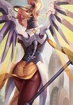  ass banned_artist blonde_hair blue_eyes bodysuit headgear highres holding holding_staff loincloth looking_back mechanical_wings mercy_(overwatch) overwatch pantyhose parted_lips pelvic_curtain pink_lips ponytail profile red_legwear short_hair solo staff textless transparent walking wings yellow_wings yinan_cui 