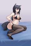  1girl absurdres alter_kamerade animal_ear_fluff animal_ear_piercing animal_ears arknights bare_arms bare_shoulders black_bra black_eyes black_hair black_panties black_tail black_thighhighs bra breasts chinese_commentary cleavage closed_mouth come_hither commentary_request feet full_body hair_between_eyes hair_intakes highres large_breasts light_blush light_smile long_hair looking_at_viewer midriff mouth_hold navel no_shoes panties partial_commentary sitting soles solo tail texas_(arknights) thighhighs underwear wolf_ears wolf_girl wolf_tail yellow_eyes 
