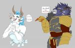  &lt;3 2016 anthro armor blue_eyes blue_hair charr clothing dagos disgusted dress duo english_text feline female grey_background guild_wars hair horn horn_ring jewelry mammal multi_ear pointing simple_background sketch speech_bubble syrax text video_games 