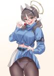  1girl animal_ears ass_visible_through_thighs black-framed_eyewear blue_archive blue_sweater blush bow bow_panties breasts brown_hair brown_pantyhose candy clothes_lift cowboy_shot cropped_sweater earrings fake_animal_ears food glasses halo highres holding holding_candy holding_food holding_lollipop jewelry large_breasts lifting_own_clothes lollipop long_hair long_sleeves looking_at_viewer midriff mitarashi_kousei moe_(blue_archive) panties panties_under_pantyhose pantyhose pinky_out pleated_skirt pom_pom_(clothes) pom_pom_earrings rabbit_ear_headwear rabbit_ears round_eyewear simple_background skirt skirt_lift smile solo sweater twintails two-tone_skirt underwear white_background white_panties 
