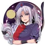  asa_(coco) blue_eyes braid breasts colored_eyelashes constellation crossed_arms full_moon large_breasts long_hair looking_at_viewer moon open_mouth puffy_short_sleeves puffy_sleeves red_cross short_sleeves silver_hair single_braid smile solo touhou upper_body very_long_hair wrist_cuffs yagokoro_eirin 