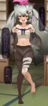  1girl animal_ear_fluff animal_ears areola_slip asymmetrical_legwear bare_shoulders blue_archive blush chest_sarashi commentary_request crotchless crotchless_panties full_body grey_hair hair_between_eyes hair_ornament halo highres long_hair looking_at_viewer michiru_(blue_archive) nasuta5mamma open_mouth panties panties_under_pantyhose pantyhose raccoon_ears raccoon_girl raccoon_hair_ornament raccoon_tail sarashi smile solo steam steaming_body tail translation_request twintails underwear underwear_only very_long_hair yellow_eyes 