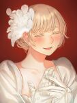  1girl alt_text alternate_costume alternate_hairstyle blonde_hair blush bun_with_braided_base closed_eyes collarbone colored_eyelashes dress dungeon_meshi falin_touden falin_touden_(tallman) feather_hair_ornament feathers formal_clothes gloves hair_bun hair_ornament hands_up happy highres open_mouth red_background sasakura34 short_hair simple_background smile solo upper_body white_dress white_feathers white_gloves 