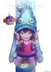  alternate_costume alternate_hairstyle armlet bare_shoulders blush bracelet bubble double_v english fang fangs fish flat_chest hanato_(seonoaiko) hat inflata innertube jewelry kneeling league_of_legends looking_at_viewer lulu_(league_of_legends) open_mouth pool_party_lulu puffer_fish purple_hair purple_skin smile solo squid squid_hat swimsuit swimwear twitter_username v water yellow_eyes 