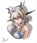  1girl absurdres alter_kamerade alternate_breast_size_(larger) arknights bare_shoulders blonde_hair blue_hair breasts chinese_commentary collarbone commentary_request cropped_shoulders dated dragon_girl dragon_horns drop_shadow eyes_visible_through_hair green_eyes grey_hair hair_between_eyes hair_intakes highres horns jewelry large_breasts long_hair looking_at_viewer multicolored_hair necklace parted_lips partial_commentary pointy_ears shu_(arknights) simple_background solo white_background 
