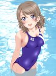  :d bangs bare_shoulders blue_eyes blue_swimsuit breasts brown_hair competition_swimsuit covered_navel cowboy_shot eyebrows eyebrows_visible_through_hair from_above keisuke_(0320030103200301) looking_at_viewer love_live! love_live!_sunshine!! medium_breasts one-piece_swimsuit open_mouth short_hair smile solo swimsuit wading watanabe_you water wet 