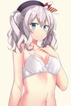  bare_shoulders beret blue_eyes blush bra breasts cleavage hat kantai_collection kashima_(kantai_collection) kuhotaka large_breasts long_hair looking_at_viewer navel sidelocks silver_hair solo tsurime twintails underwear underwear_only wavy_hair white_bra 