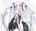  1girl aqua_nails black_skirt blue_eyes blush chihaya_(clothing) dairyo3 hair_ornament hatsune_miku highres japanese_clothes long_hair long_sleeves miko miku_day musical_note musical_note_hair_ornament musical_note_print musical_staff musical_staff_print official_alternate_costume official_alternate_hairstyle open_mouth pleated_skirt skirt sleeves_past_wrists smile snowflake_print solo twintails very_long_hair vocaloid white_hair wide_sleeves yuki_miku yuki_miku_(2018) 