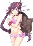  akebono_(kantai_collection) anger_vein angry bare_shoulders bell bikini blush flower frilled_bikini frills hair_bell hair_flower hair_ornament jingle_bell kantai_collection kuhotaka long_hair looking_at_viewer machinery navel open_mouth pink_bikini purple_eyes purple_hair scrunchie side_ponytail solo swimsuit very_long_hair wrist_scrunchie 