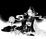  bracelet breasts censer chinese_clothes dress ears expressionless floral_print flower greyscale hand_up hat jewelry junko_(touhou) kyuu_umi lantern light long_hair long_sleeves looking_afar looking_to_the_side medium_breasts monochrome parted_lips pointy_nose ribbon sash sitting smoke solo spider_lily tabard touhou very_long_hair wide_sleeves yokozuwari 