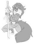  anthro canine crouching dog ear_piercing female half-closed_eyes husky kippy mammal melee_weapon monochrome piercing simple_background solo sword weapon white_background 