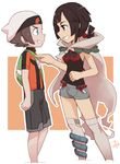  1girl backpack bad_id bad_pixiv_id bag brown_eyes brown_hair cape green_eyes grin hair_bobbles hair_ornament halter_top halterneck hat higana_(pokemon) nyonn24 pokemon pokemon_(game) pokemon_oras poking ponytail short_shorts shorts smile sweatdrop yuuki_(pokemon) 