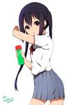  black_hair blush bottle brown_eyes commentary_request holding holding_bottle k-on! long_hair looking_at_viewer nakano_azusa official_style open_mouth pleated_skirt ragho_no_erika sakuragaoka_high_school_uniform school_uniform skirt solo twintails 