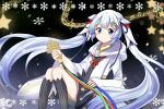  1girl bell blue_eyes blush chihaya_(clothing) chizuko_(4144768) closed_mouth hair_ornament hatsune_miku holding holding_bell jingle_bell kagura_suzu long_hair long_sleeves musical_note musical_note_hair_ornament musical_staff musical_staff_print official_alternate_costume official_alternate_hairstyle pleated_skirt skirt smile snowflakes solo twintails very_long_hair vocaloid white_hair wide_sleeves yuki_miku yuki_miku_(2018) 