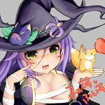 :d absurdres animal apple bandages blush breasts commentary_request fang finger_to_cheek flower_knight_girl food fox fox_face_(flower_knight_girl) fruit grey_background grey_hat hat highres kkmm_0216 large_breasts long_hair looking_at_viewer open_mouth purple_hair smile solo text_focus tongue witch_hat yellow_eyes 